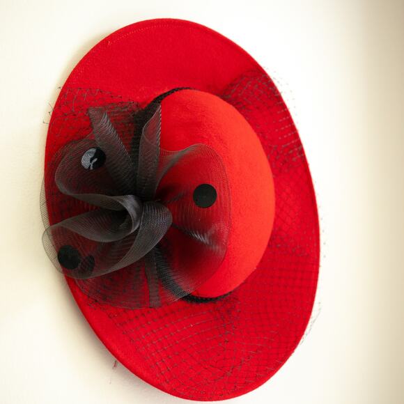 Retro 80s Red Wool Church Hat Wide Brim - Picture 2 of 5